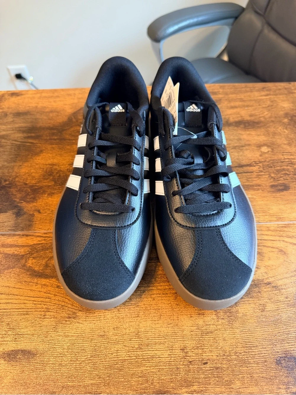 adidas Black Sneakers with White Stripes and Brown Sole